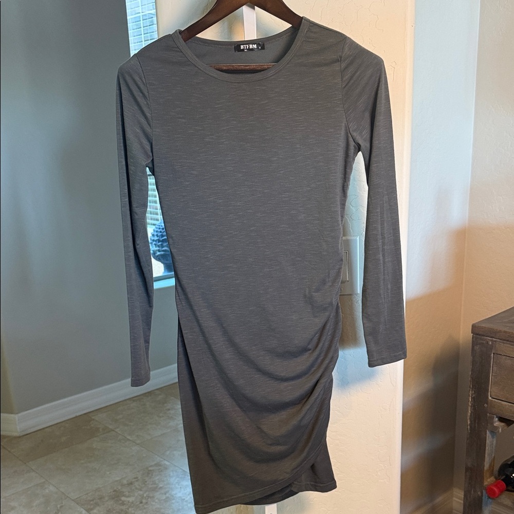 BTFBM Charcoal Long Sleeve Dress WITH ROUCHING ON SIDE FOR FLATTERING LOOK